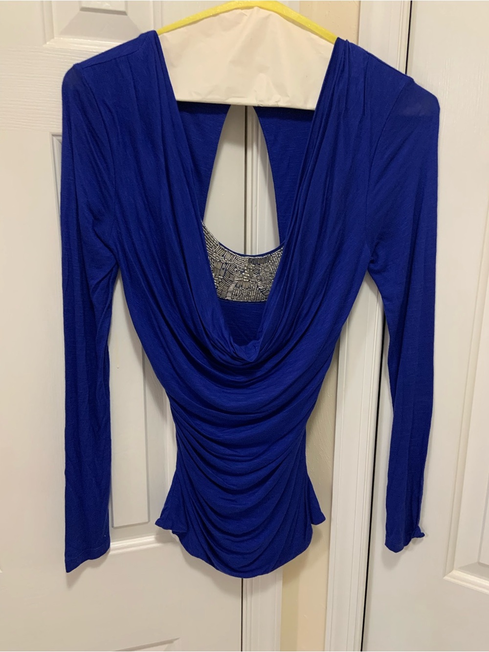 Baby Phat Royal Blue Draped Cowl Long-Sleeve Top with Open Back